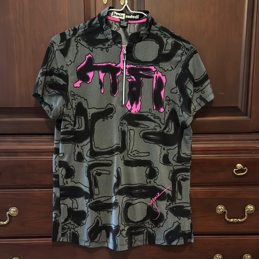 2 for 1 -Black and Gray Graphic Zip Jacket AND Polo Shirt with Pink Accents